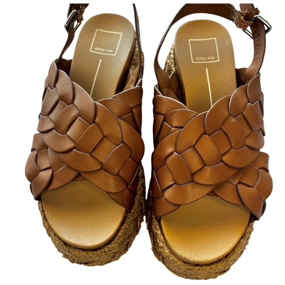 Dolce‎ Vita Braided Leather Platform Espadrille Sandals Brown Womens 8 Slingback